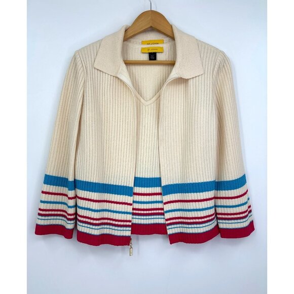 St. John Sweaters - St. John Zip Ribbed Sweater Knit Cardigan & Tank Set Ivory Size Medium Small